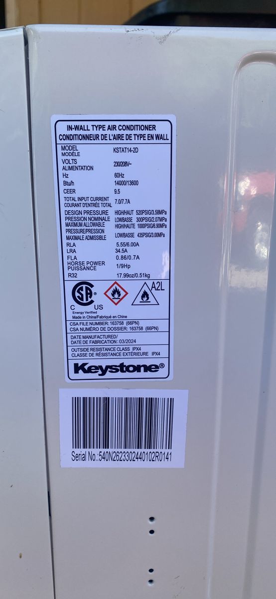 New   A/C. Windows Keystone KSTAT14-2D In-Wall Type Air Conditioner 14000/13600 BTU/h 230/208V not. Kid. Windows