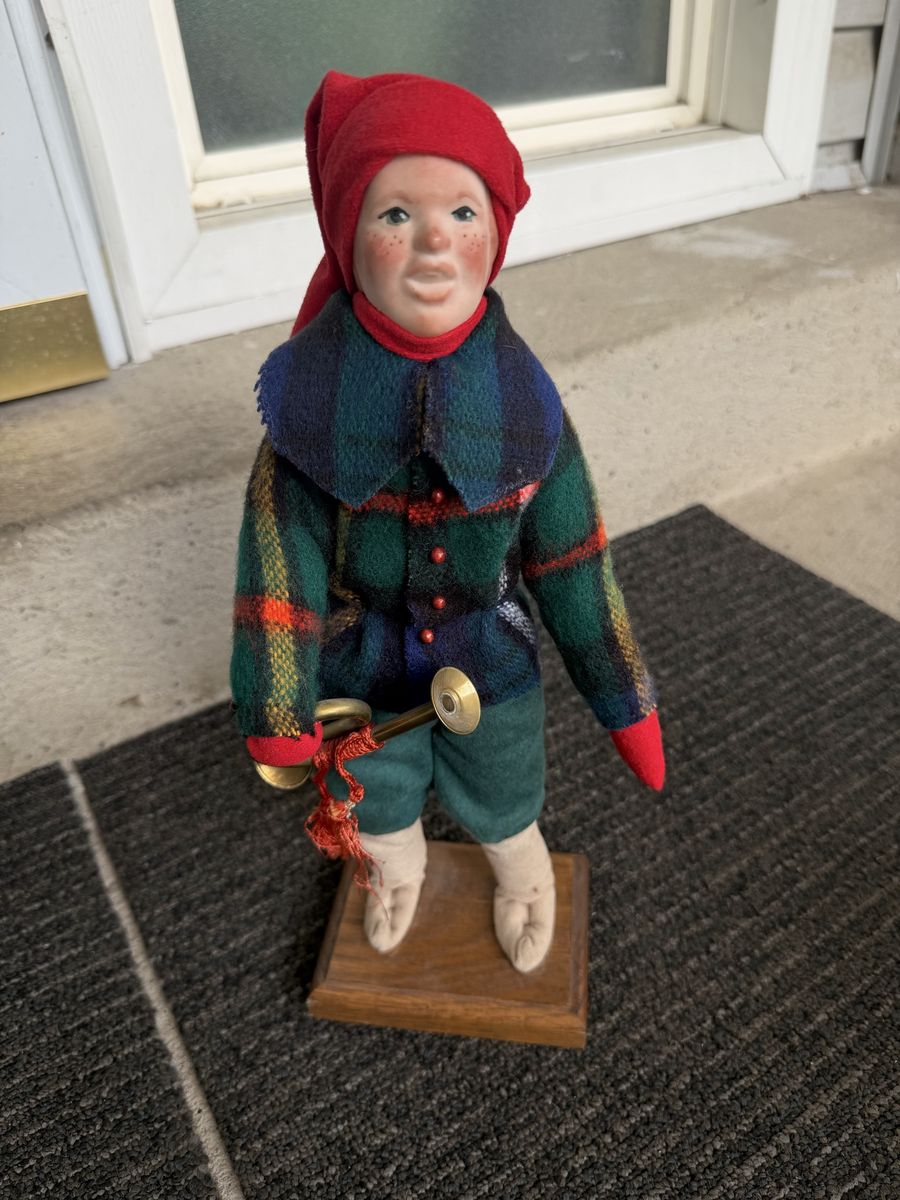 Vintage Porcelain Face Elf Doll with Plaid Jacket and Horn on Wood Base