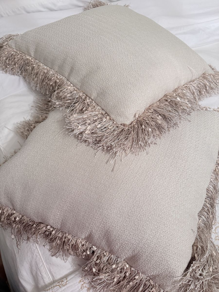 Pair of Pier 1 Beige Textured Throw Pillows with Fringed Edges