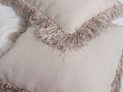 Pair of Pier 1 Beige Textured Throw Pillows with Fringed Edges
