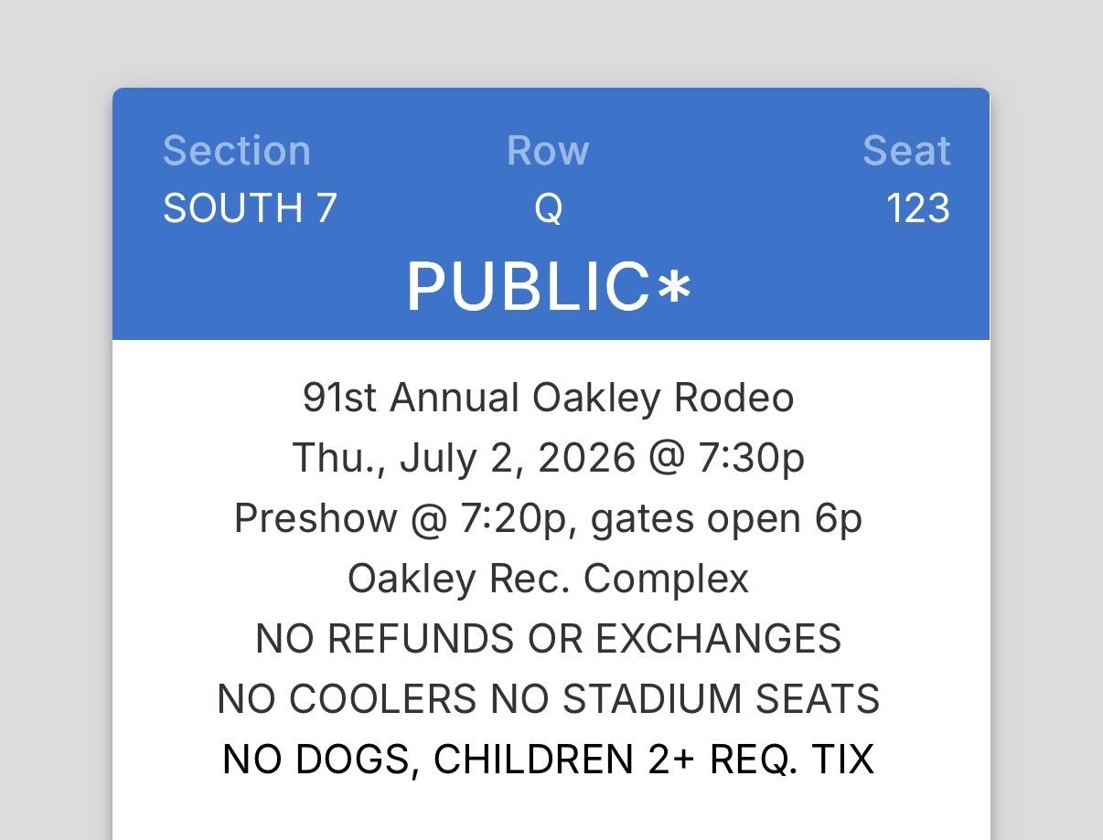 1 Oakley Rodeo Ticket - July 2, 2026 - South 7, Row Q, Seat 123