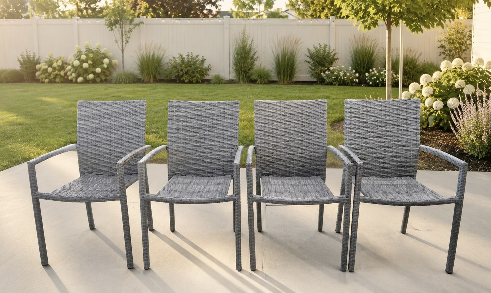 NEW Set of 4 Gray All-Weather Wicker Outdoor Patio Dining Armchairs - Stackable