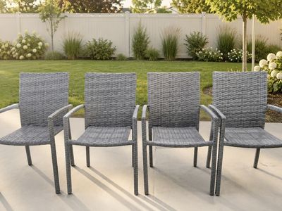 NEW Set of 4 Gray All-Weather Wicker Outdoor Patio Dining Armchairs - Stackable