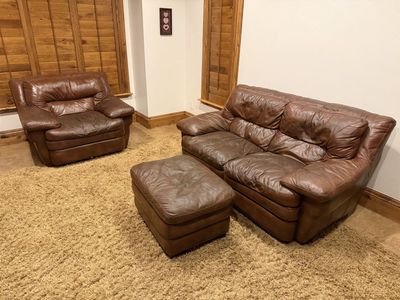 Leather Chair, Loveseat, and Ottoman
