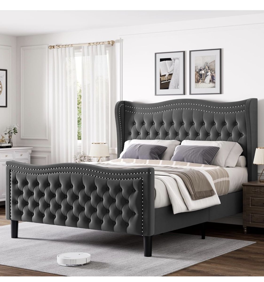 Queen Bed Frame with Tall Headboard & Footboard, Velvet Upholstered Platform Bed Frame