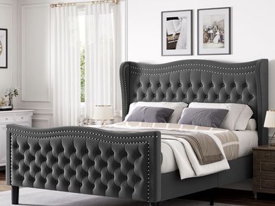 Queen Bed Frame with Tall Headboard & Footboard, Velvet Upholstered Platform Bed Frame