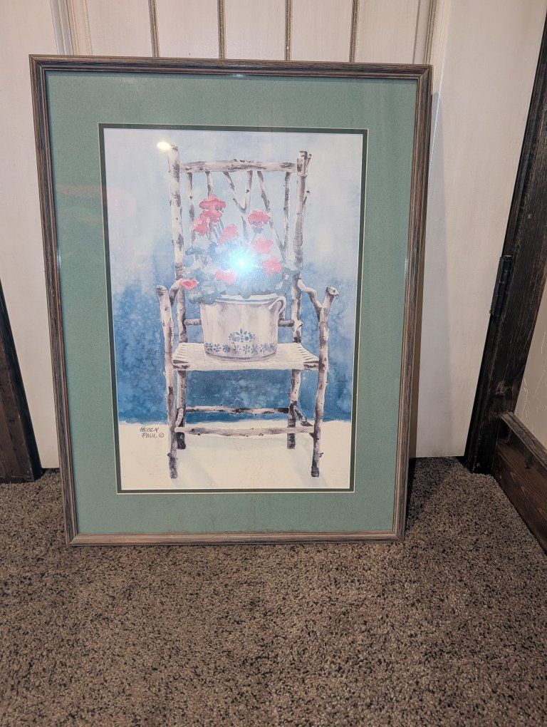 Helen Paul Signed Watercolor Print - Rustic Chair with Roses, Framed Wall Art Decor
