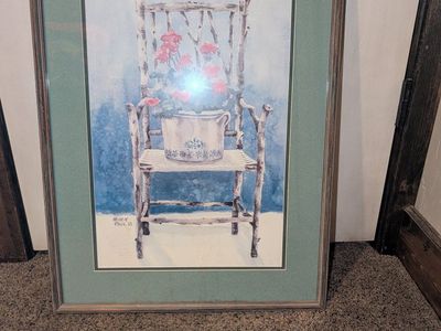 Helen Paul Signed Watercolor Print - Rustic Chair with Roses, Framed Wall Art Decor