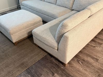Modern Light Gray Fabric Sectional Sofa Couch with Ottoman - Excellent Condition