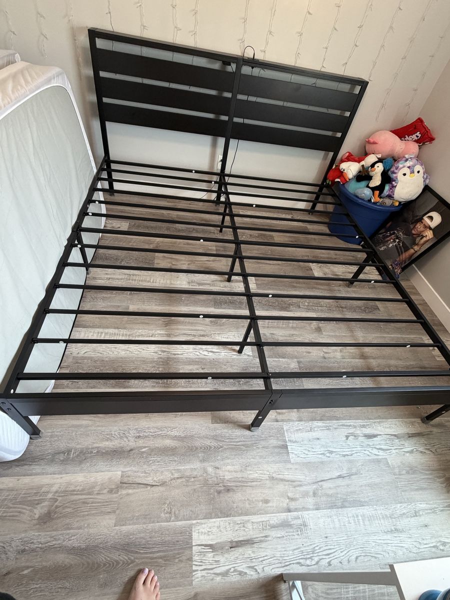 Modern Black Platform Bed Frame with Headboard & Built-In Charger/LED lights 
