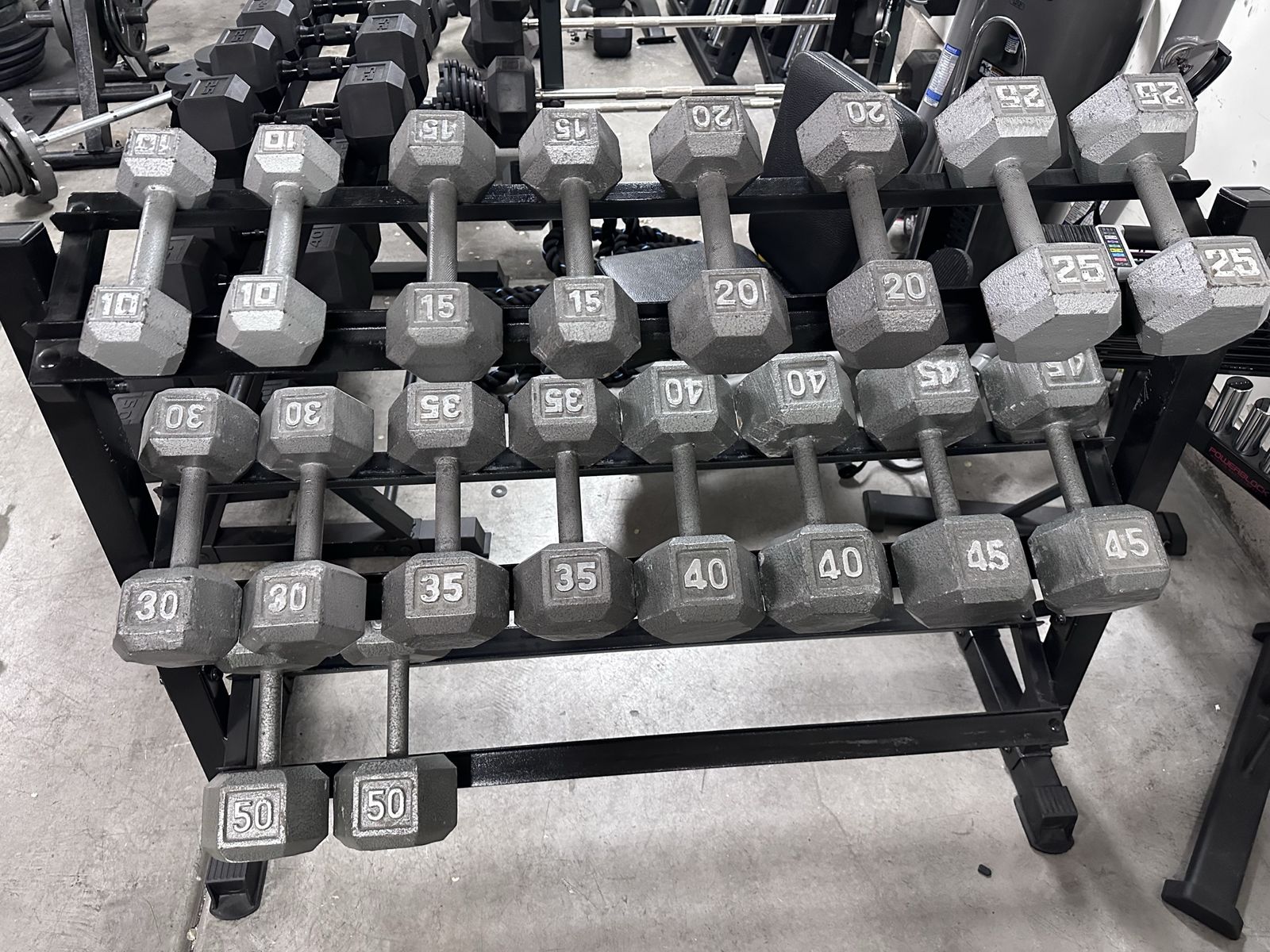 Metal Hex Dumbbells Pairs 10-50LB &  Dumbbell Rack
