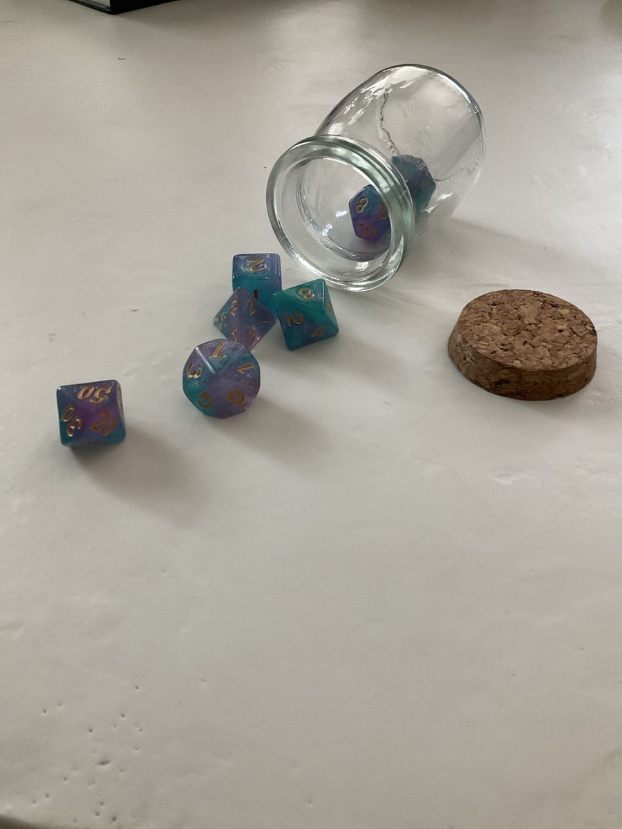 Glittery Pink & Blue DND Dice Set in Glass Bottle with Cork - Complete Polyhedral Set