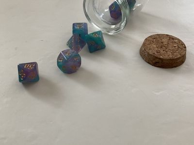 Glittery Pink & Blue DND Dice Set in Glass Bottle with Cork - Complete Polyhedral Set