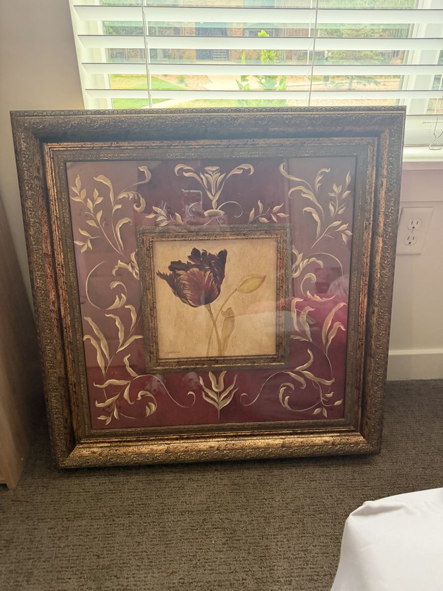 Ornate Gold Framed Floral Wall Art Print Burgundy/Gold Decor