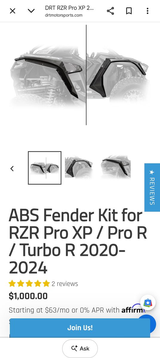 DRT Motorsports ABS Fender Kit for Polaris RZR Pro XP/Pro R/Turbo R (2020-2024)