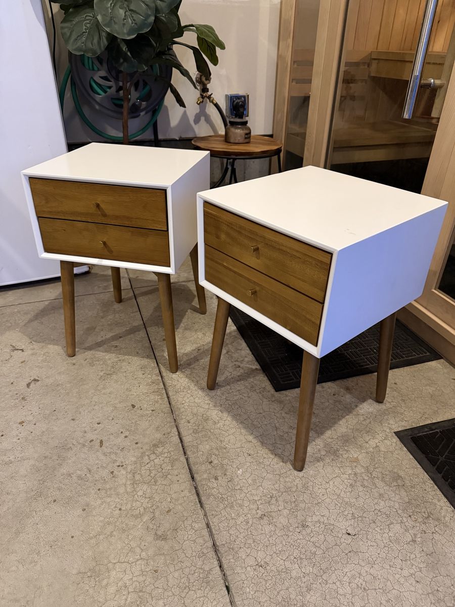 Modern White and Wood Night Stands - Pair