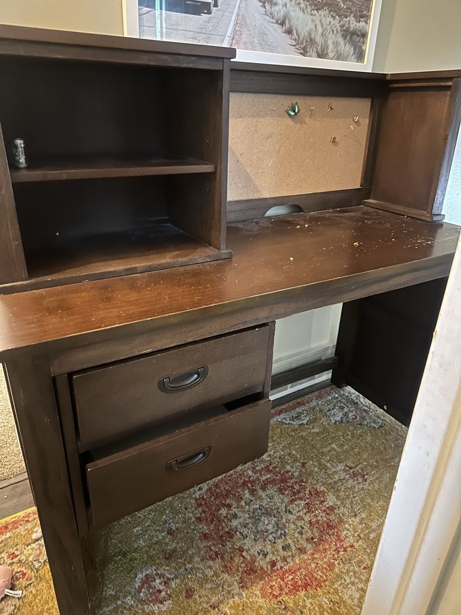 Dark Wood Study Desk with Hutch, 2 Drawers, and Corkboard - Good Condition