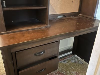 Dark Wood Study Desk with Hutch, 2 Drawers, and Corkboard - Good Condition