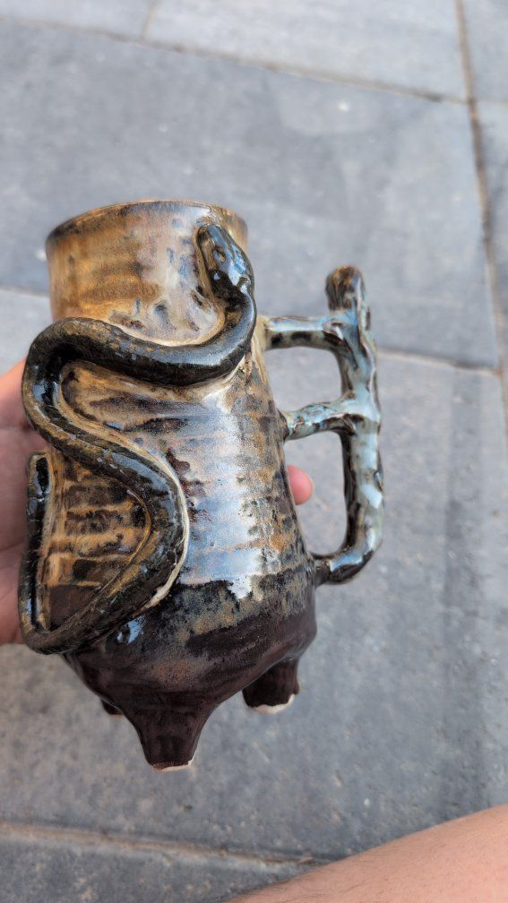Handmade Ceramic Snake Mug with Three Feet - Unique Glazed Pottery Cup