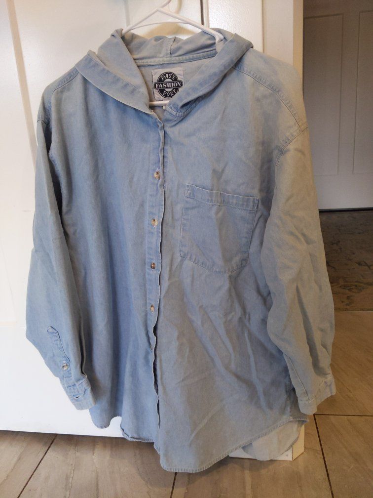 Vintage Pass Port Fashion Unisex Denim Long Sleeve Hooded Shirt - "Shacket"- Large