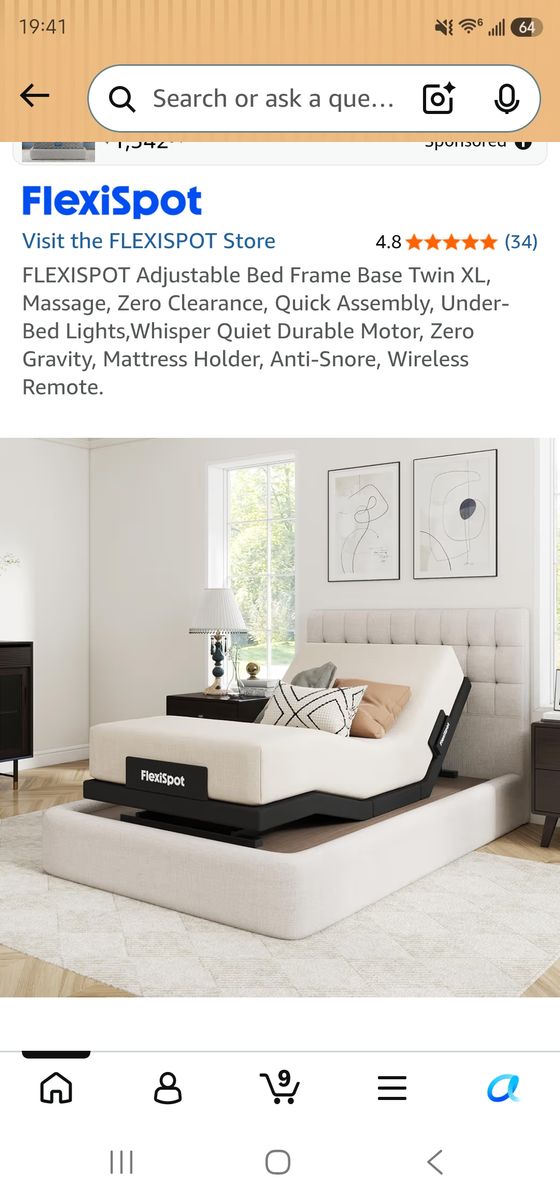 Brand New, in sealed box: 
FlexiSpot Adjustable Bed Frame Base Twin XL with Massage, Zero Clearance, Anti-Snore, Wireless Remote