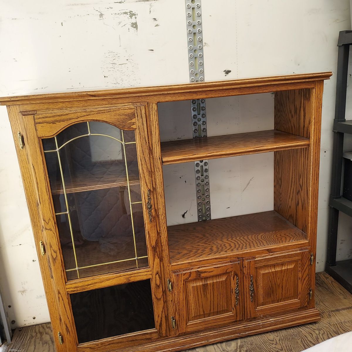 Vintage Wooden Oak Entertainment Center Cabinet with Glass Door