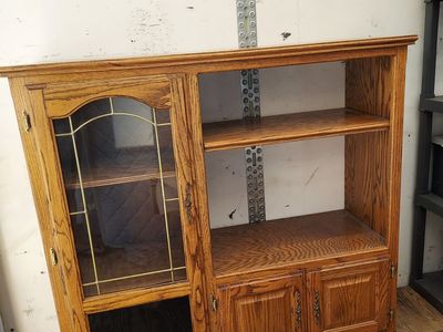 Vintage Wooden Oak Entertainment Center Cabinet with Glass Door