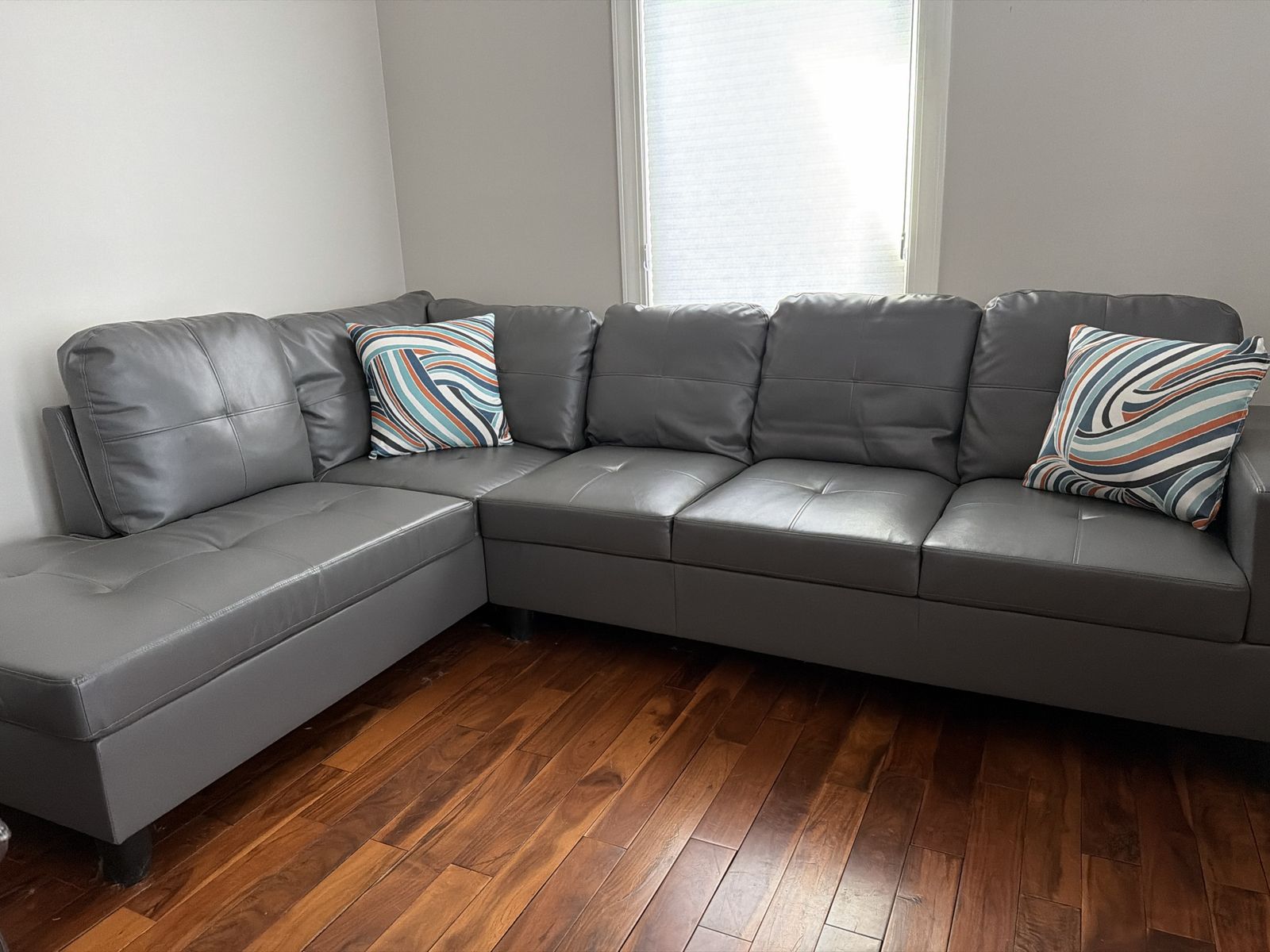 Large Gray Faux Leather Sectional Sofa with Left-Hand Chaise, Modern Design