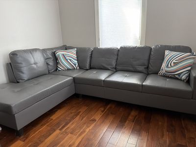 Large Gray Faux Leather Sectional Sofa with Left-Hand Chaise, Modern Design