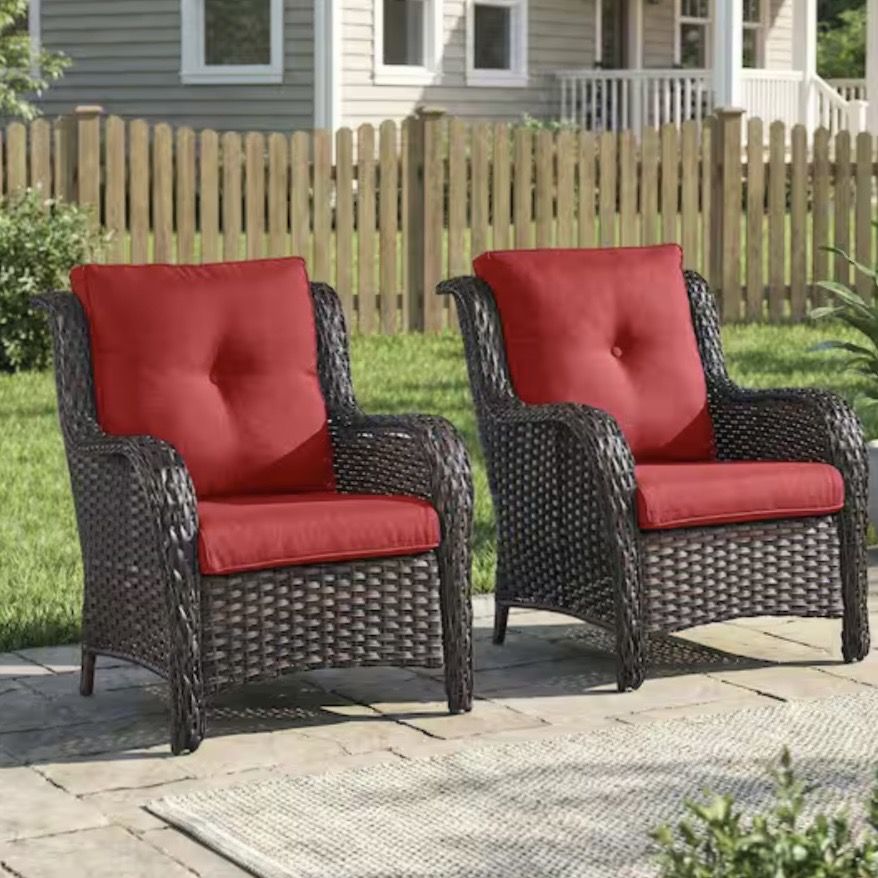 WellCane Brown Outdoor Wicker Patio Chairs Set of 2, Outdoor Lounge Chairs with Red Cushions for Porch Balcony Backyard