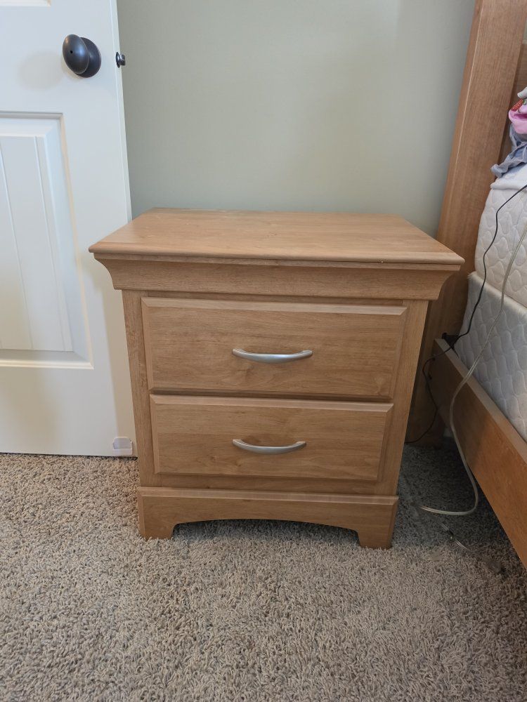 Set of Two Light Wood 2-Drawer Nightstand Bedside Tables with Brushed Metal Handles