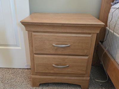 Set of Two Light Wood 2-Drawer Nightstand Bedside Tables with Brushed Metal Handles