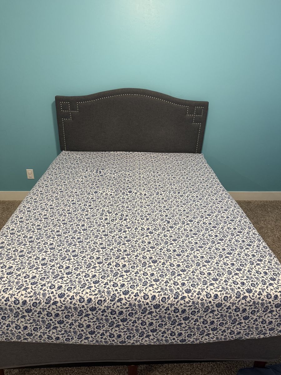Gray Upholstered Bed Frame with Nailhead Trim