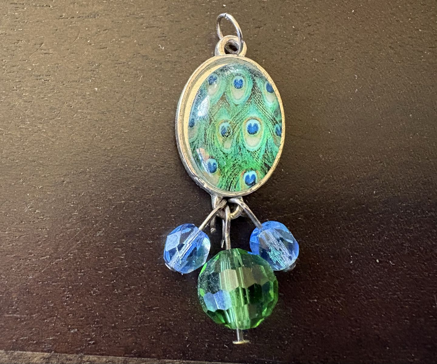 Silver Tone Peacock Pendant W/ Green & Blue Beads