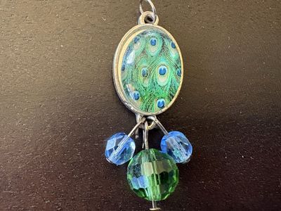 Silver Tone Peacock Pendant W/ Green & Blue Beads