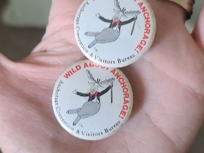 Vintage Wild About Anchorage Dancing Moose Pin Button