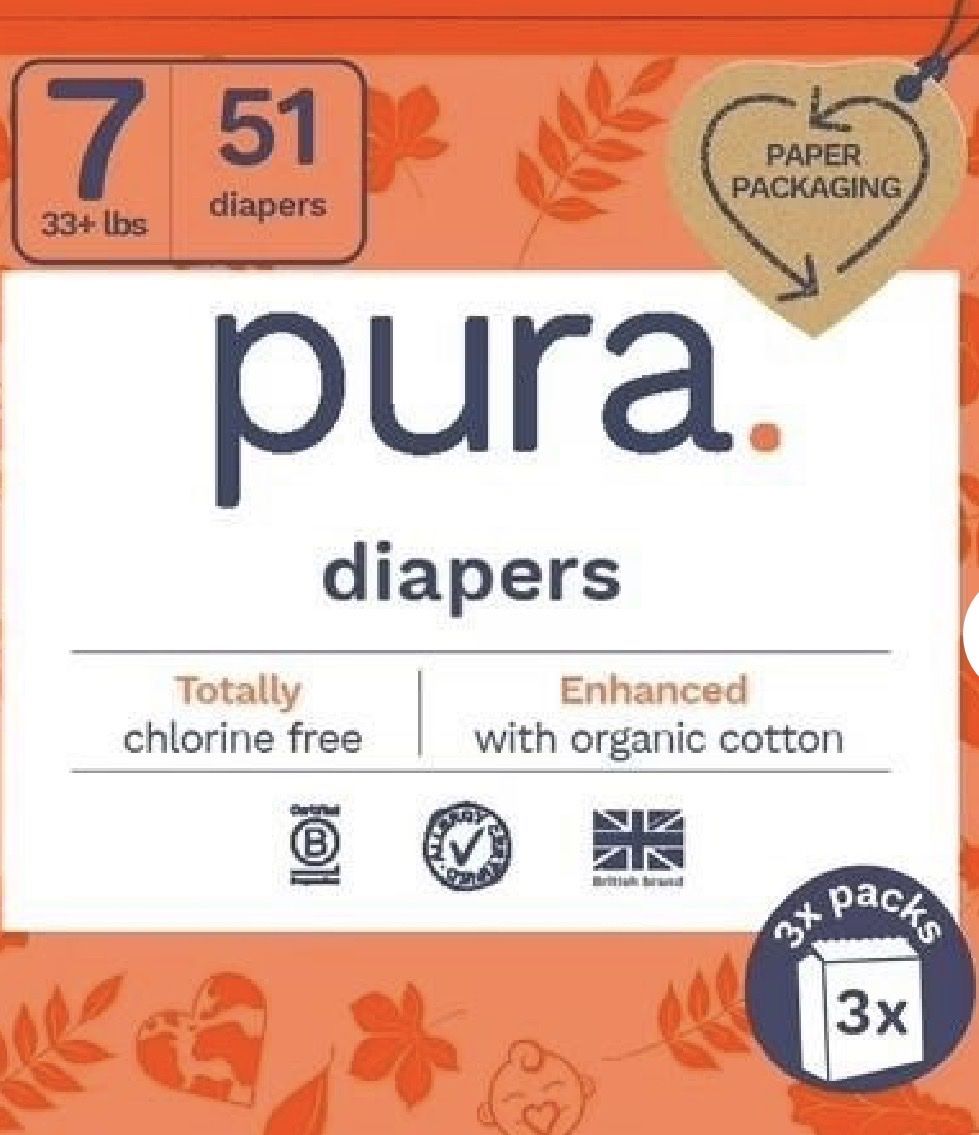 2 unopened cases Pura Size 7 Baby Diapers 51 Count Pack (33+ lbs)