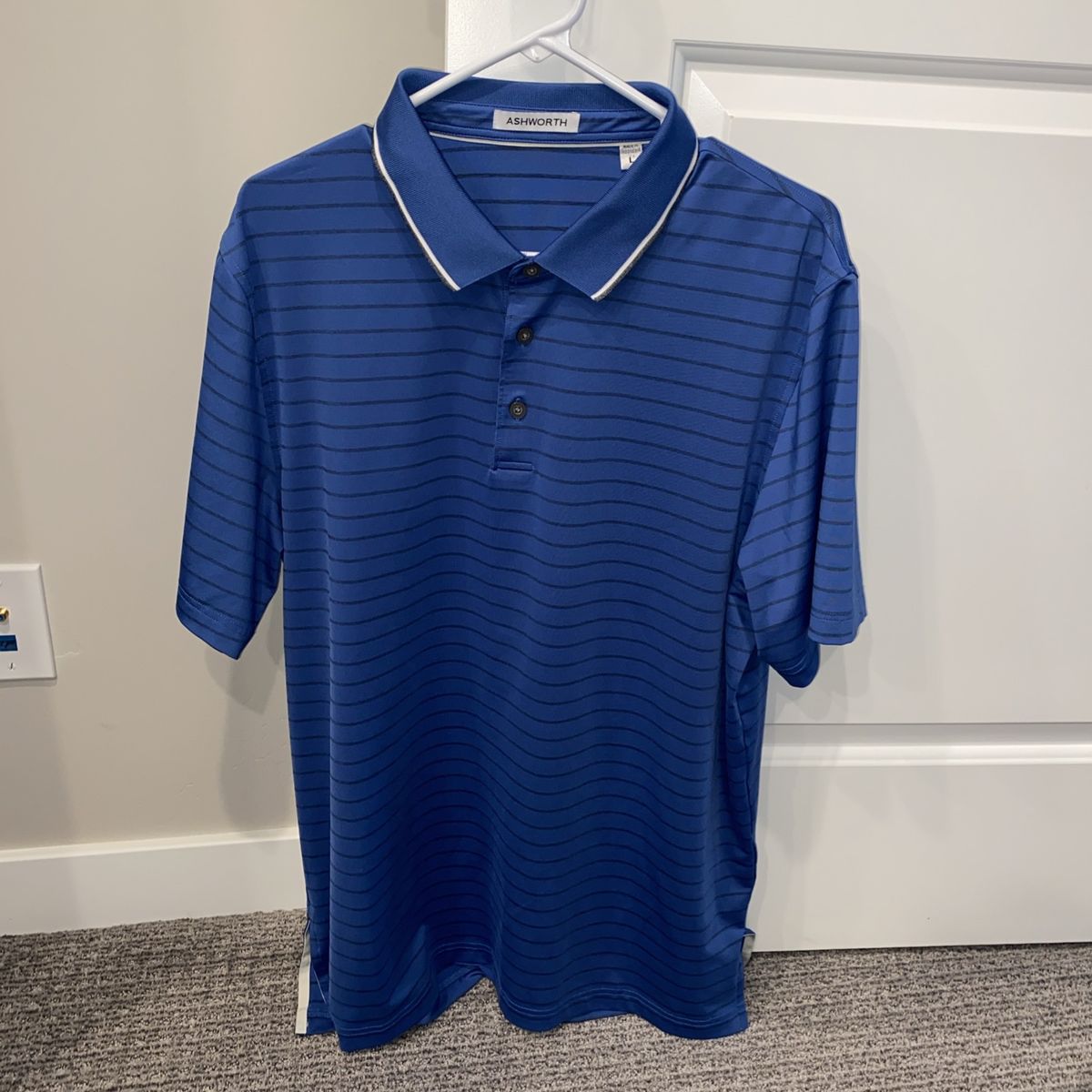 Ashworth Men's Blue Striped Polo Shirt (Size Large) - Polyester & Spandex Blend for Golf & Casual Wear