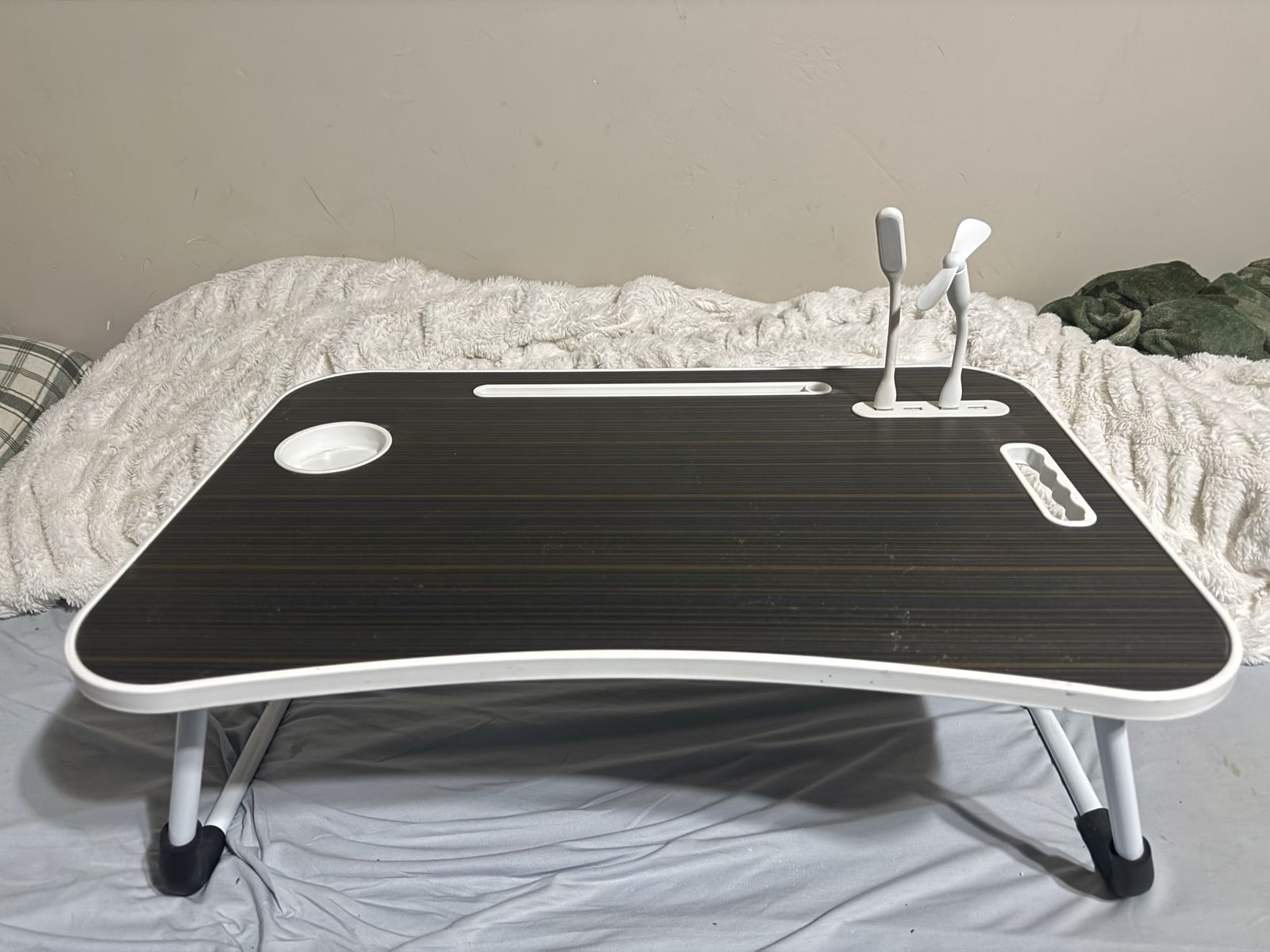 Foldable Bed Tray Table with Cup Holder, USB Light, and USB Fan