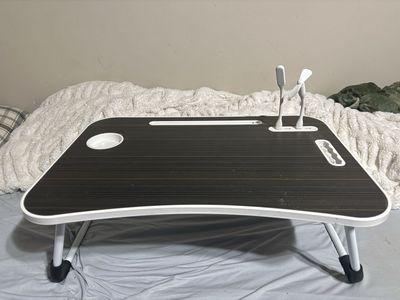 Foldable Bed Tray Table with Cup Holder, USB Light, and USB Fan