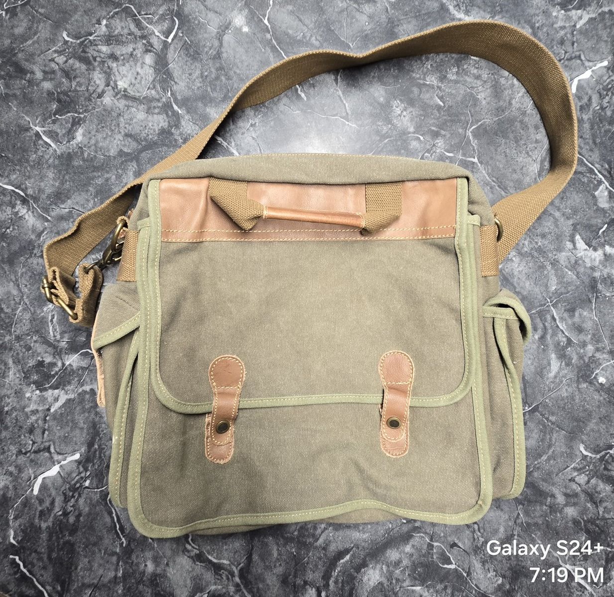 Canvas & Leather Messenger Bag - Khaki Green, Adjustable Strap