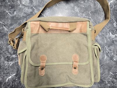 Canvas & Leather Messenger Bag - Khaki Green, Adjustable Strap