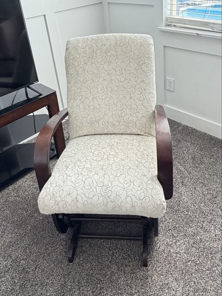 Wooden Glider Rocking Chair with Swirl Pattern Upholstery