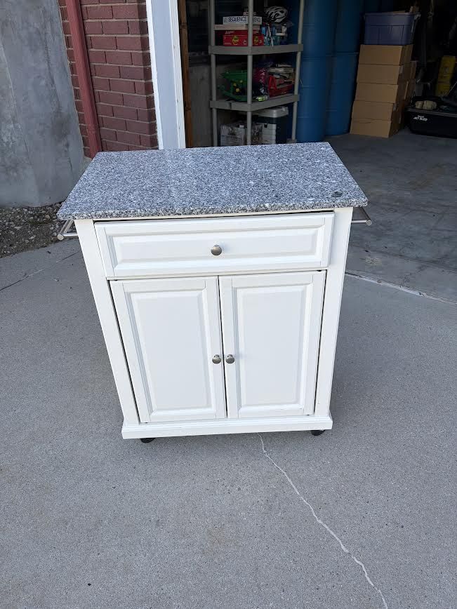White Rolling Kitchen Island with Granite Top and Storage Cabinet