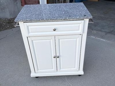 White Rolling Kitchen Island with Granite Top and Storage Cabinet