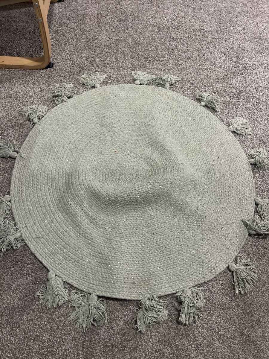 Round Sage Green Woven Area Rug with Tassels