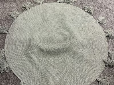 Round Sage Green Woven Area Rug with Tassels