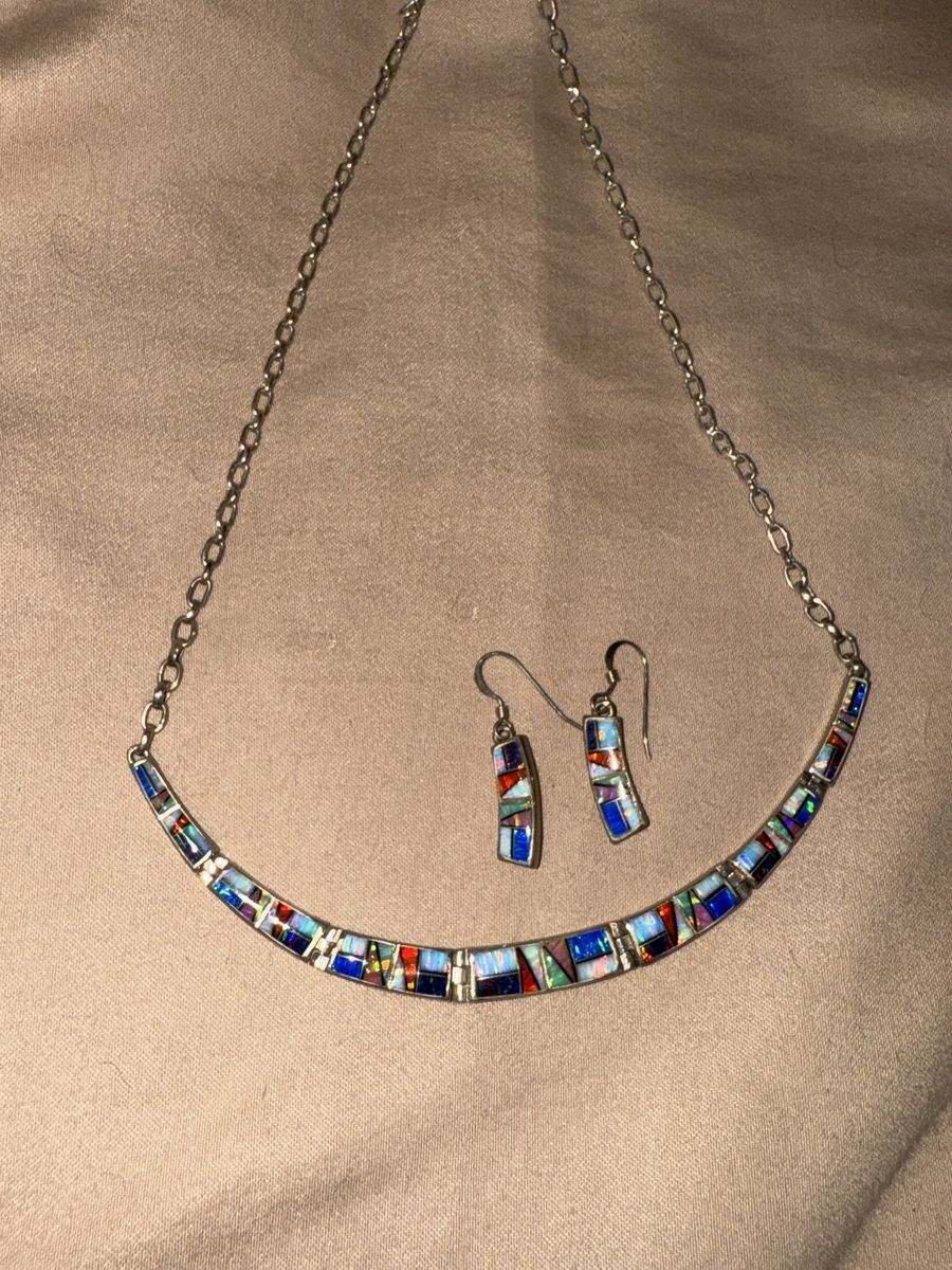 Multicolored lab Opal necklace+ earrings