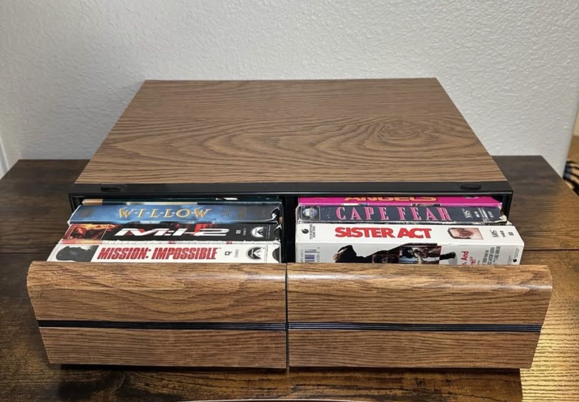 Vintage Wood Grain VHS Tape Storage Cabinet Holder