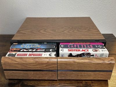 Vintage Wood Grain VHS Tape Storage Cabinet Holder